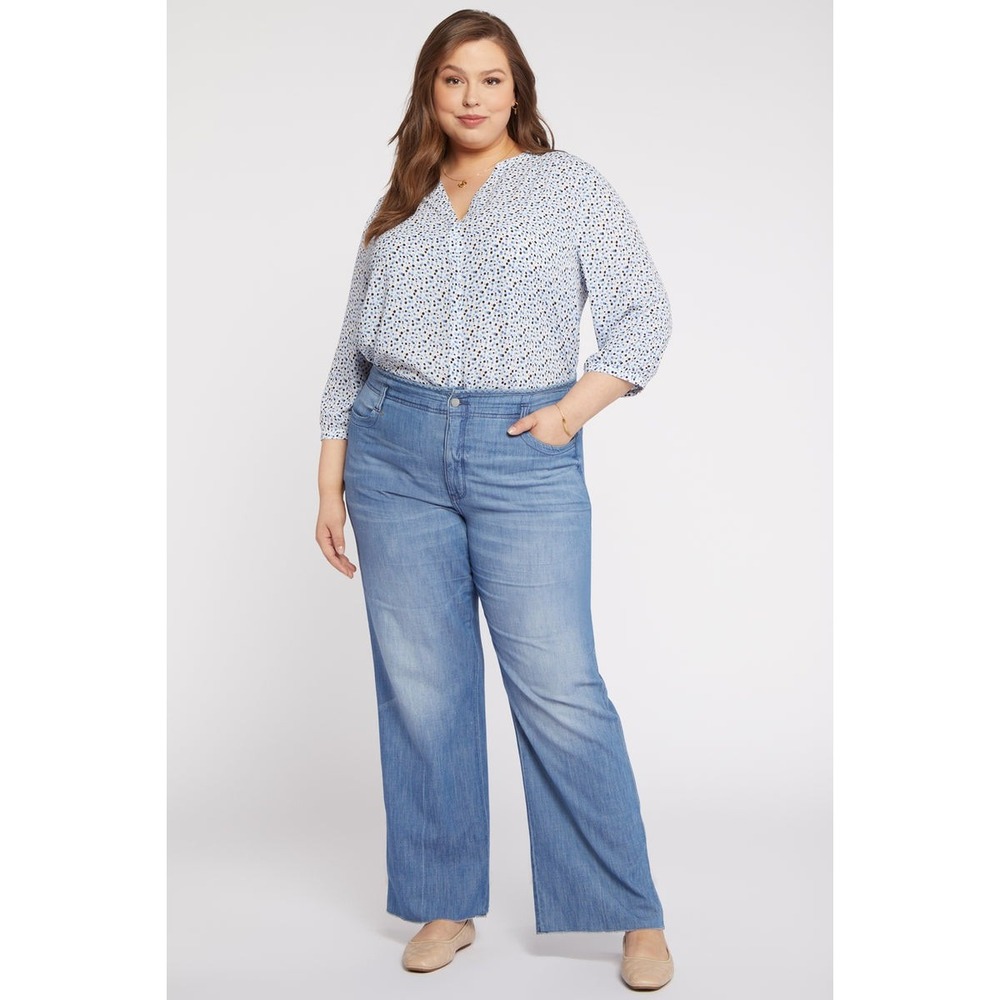 NYDJ Plus 18 Teresa Wide Leg Jeans Chambray High‎ Rise Raw Hem Trouser Lift Tuck